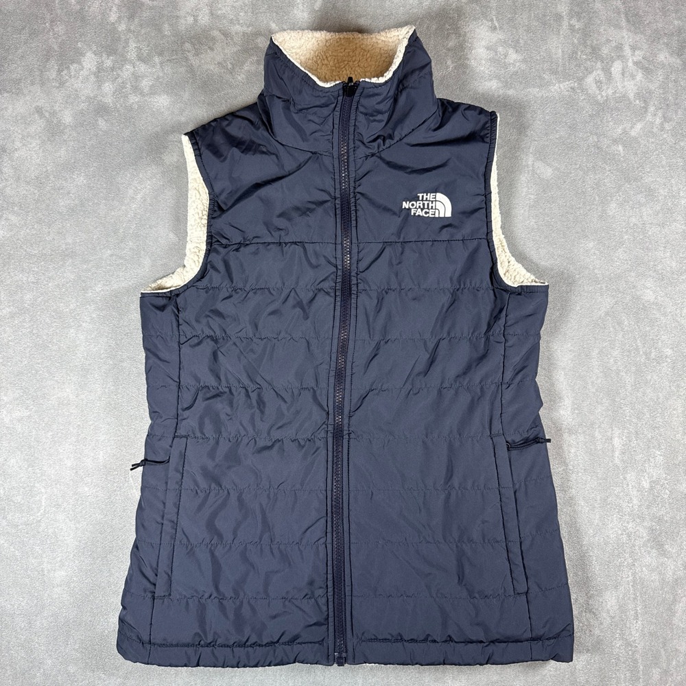 The North Face Womens Reversible Quilted Vest Navy Sherpa Cream Medium